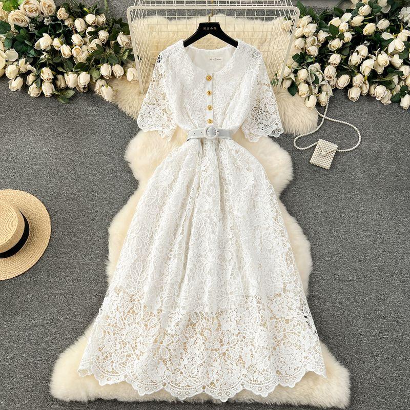 French Dress Female 2024 New Arrival Sweet Contrast-Color Doll Collar Breasted Silm Mid Length Long Length Lace Formal Dress