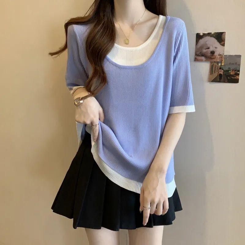 Faux Two-Piece U-Neck Ribbed Knit Women T-Shirt Contrast Trim Short Sleeve Casual Top S