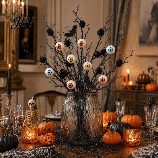 Halloween Horror Atmosphere Decor Black Artificial Branches, Scary Eyeballs Picks with Bats Pine Spooky Cones for Gothic Vase Filler, Floral