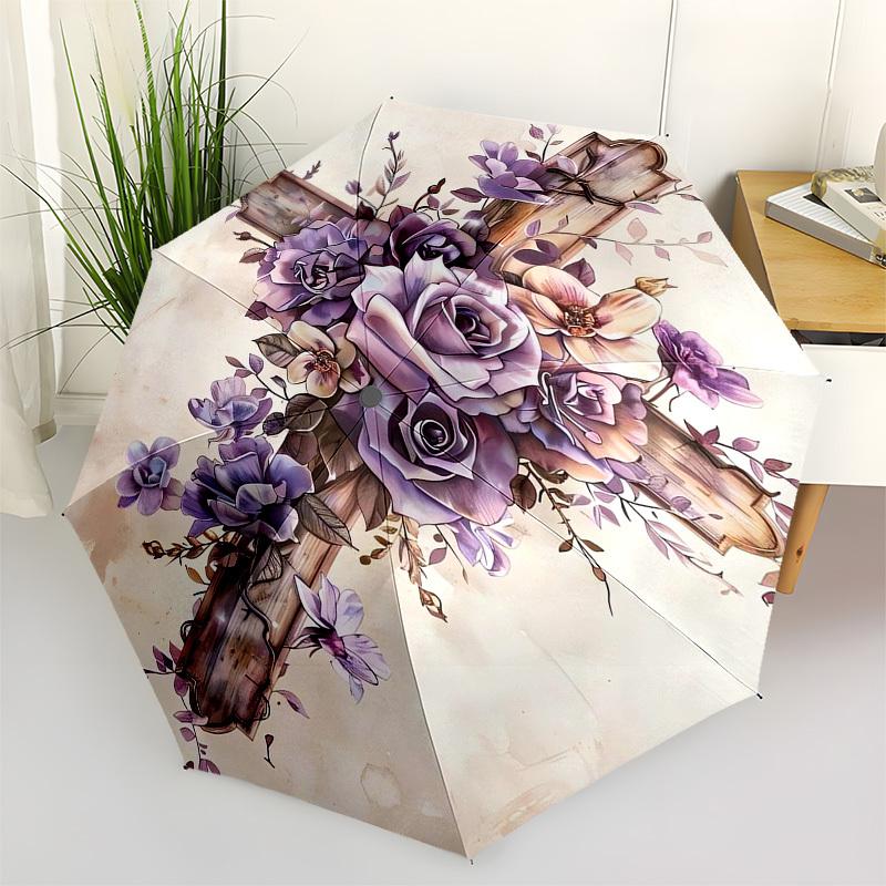 

1pc Floral Cross Artwork Umbrella with Plastic Handle,Vibrant Cartoon Pattern,Multi-functional UmbrellaPT101