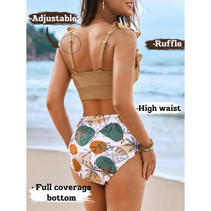 Women 2 Piece High Waisted Bikini Set, Floral Ruffle Tummy Control Swimsuit, Ruched Modest Full Coverage Bathing Suit