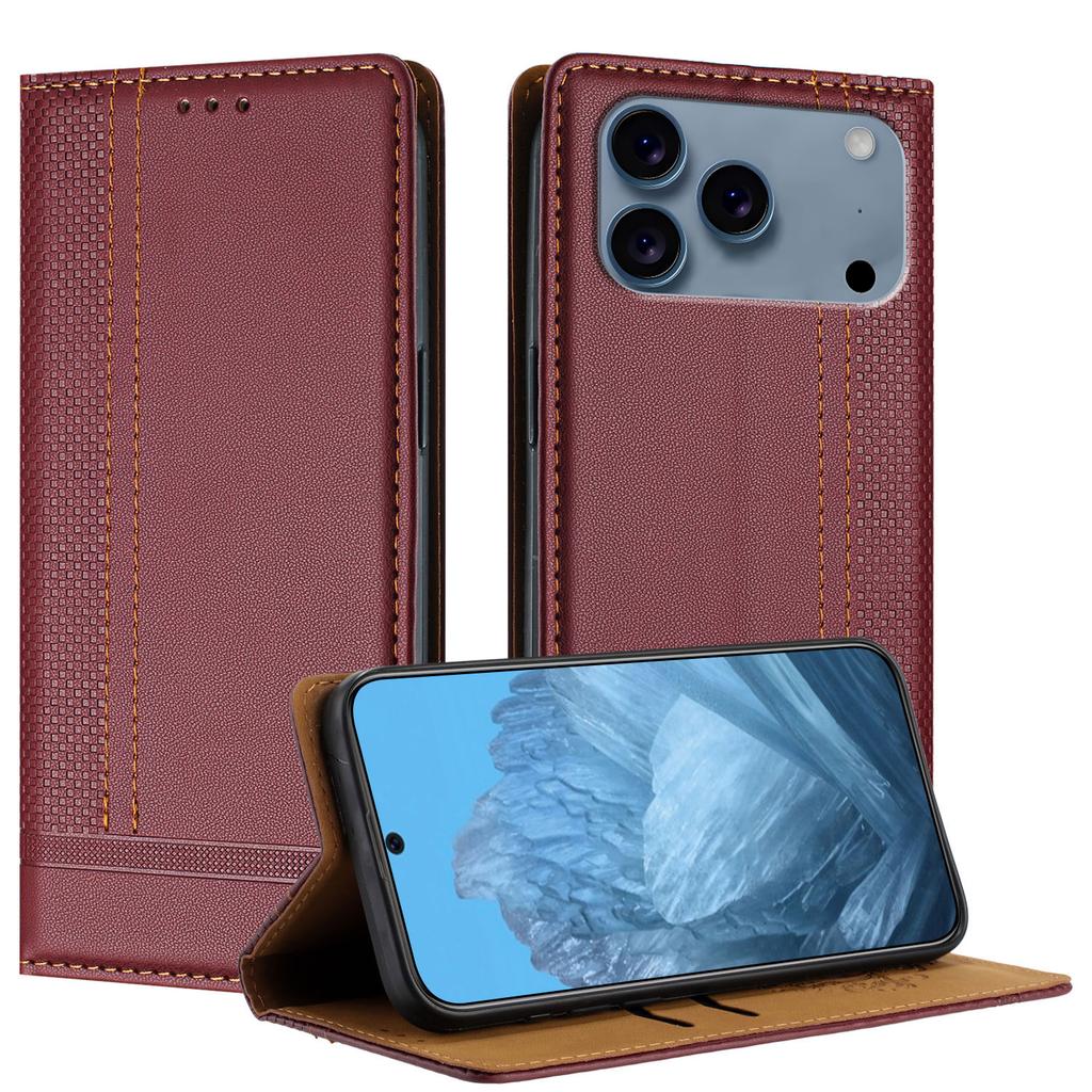 For iPhone 17 Pro Max Case L-Shaped Grid Pattern Leather Stand Phone Cover with Card Slots