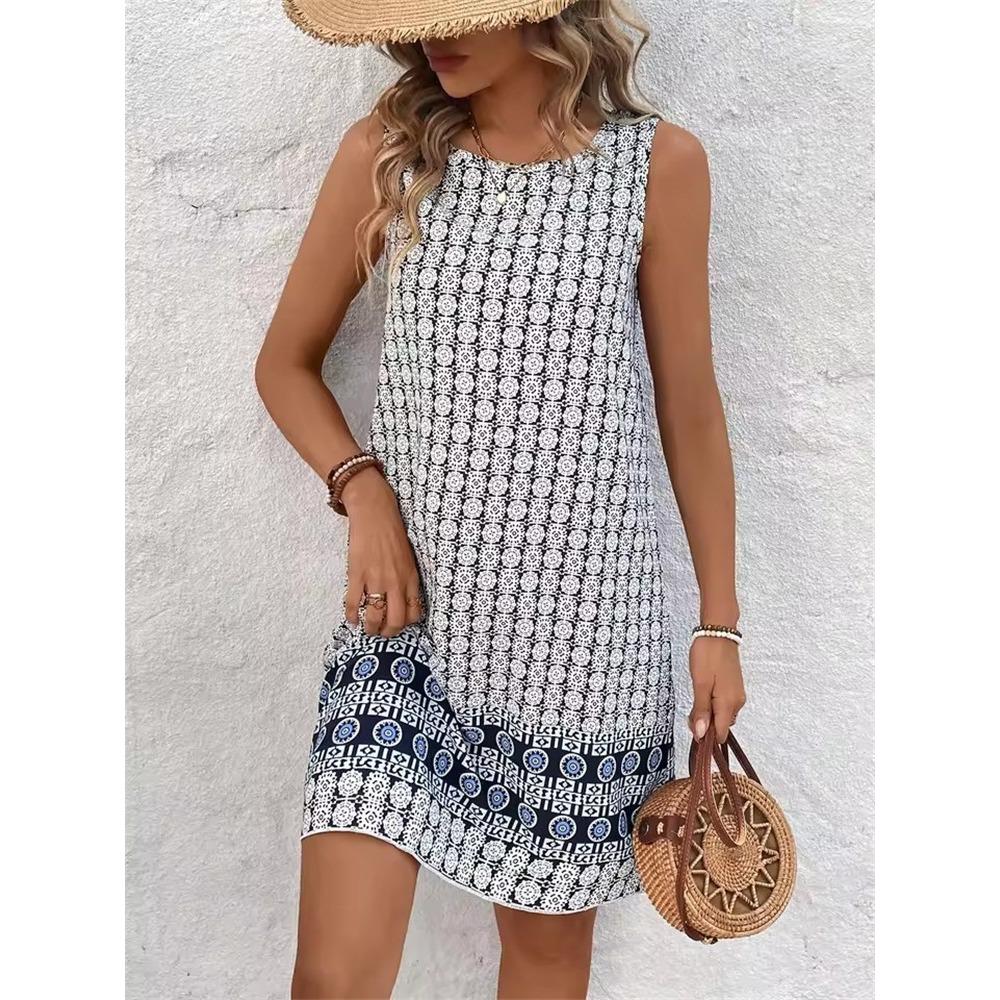 2025 Ethnischer Stil Damen Vintage Muster Blumen Druck Kleider Sommer Mode Ärmelloses Kleid Lässig Sommerkleid Strand Locker Kleider