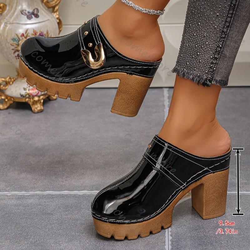 Damskor Chunky Högklackade Mules Tofflor Enfärgade Baotou Romerska Tofflor Plattform Slip-on Skor