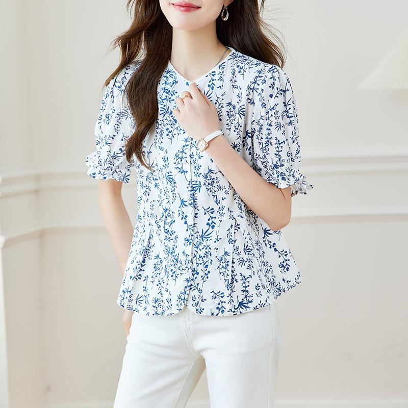 

New Chinese Printed Shirt Blue and White Porcelain Short-sleeved Top for Women In Summer Thin Pure Cotton Chic Shirt for Women M