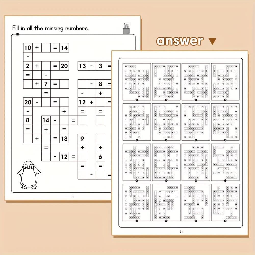Non-Toxic 32-Page Math Fill-In-Blank Puzzle Book Kids Addition Subtraction Interactive Gift