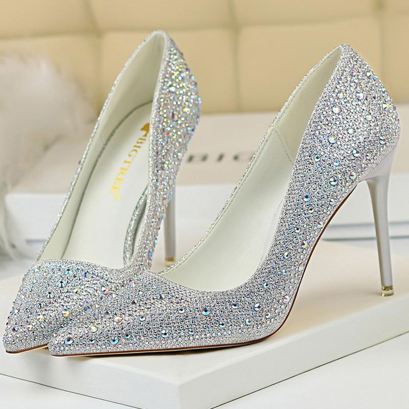Duży rozmiar 43 Damskie czółenka Buty ślubne Błyszczące cyrkoniami Panna Młoda Szpilki 7 CM 10 CM Luksusowe czółenka Buty imprezowe