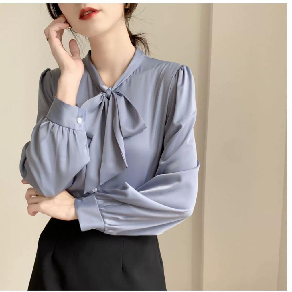 Spring and Autumn  Tops Bow Tie Chiffon Shirts Casual Long Sleeve White Blouse Women's Elegant Business Loose Blouses Ladies