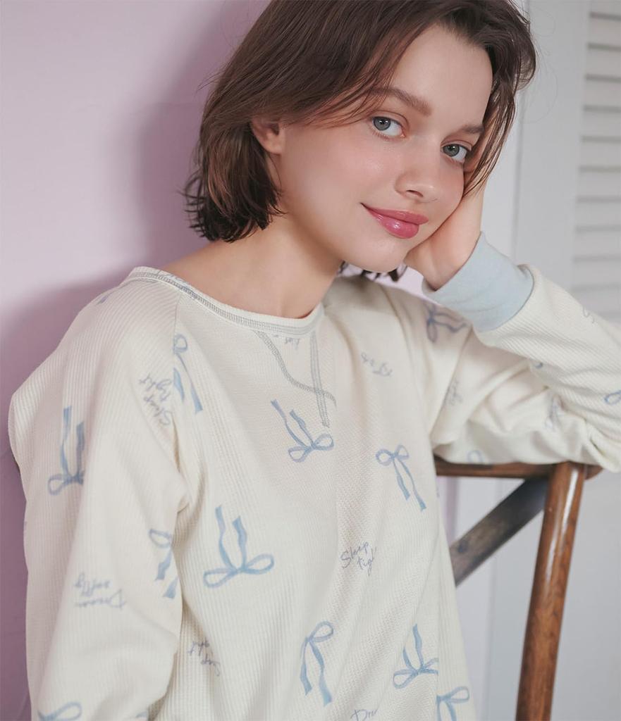 Peach John Thermal HARA Maki Top and Bottom Sizes Comfortable Belly Loose Women's Pajamas, Loungewear, Set, Ribbon, M/L, Cotton, Warmth, Wrap, Fit,