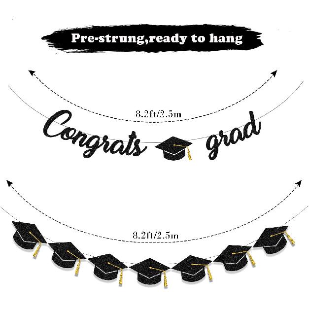 Graduation Decorations Class of 2026 Party Supplies - Congrats Grad Banner and Graduation Cap Banner (Pre-Strung)