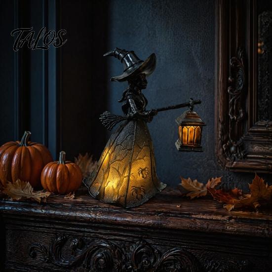Gothic Halloween Decorations Witch Holding Lantern Light, with Spider Web Pattern Decor, Vintage Style Resin Glowing Sculpture, for Indoor And Outdoor