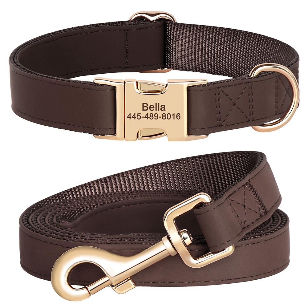 Custom Dog Collar Leash Set PU Leather Dog Collars Engraved Pet ID Necklace With Lead Rope Durable for Small Medium Large Dogs