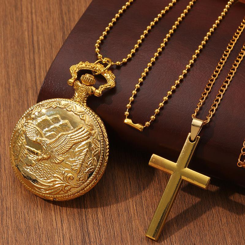 

2 шт./комплект, мужские классические часы, винтажные карманные часы с цепочкой на ожерелье для мужских карманных часов и 1 шт. мужское винтажное классическое ожерелье с подвеской в виде креста, идеально подходит