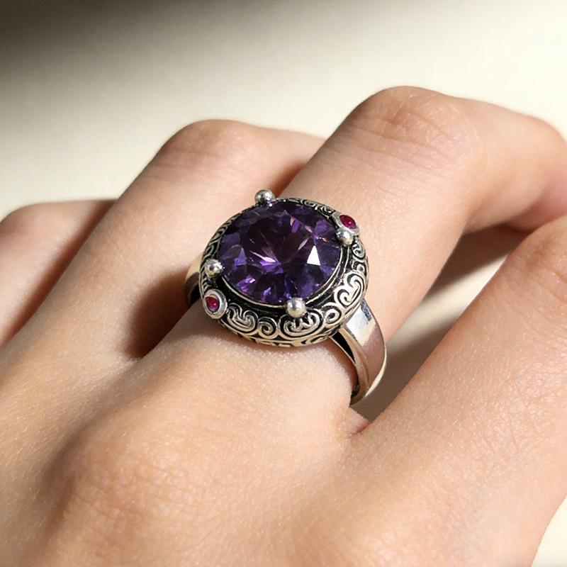 Elegant Korean Amethyst Ring: Silver-Plated, Retro Floral Design, Zircon Inlaid
