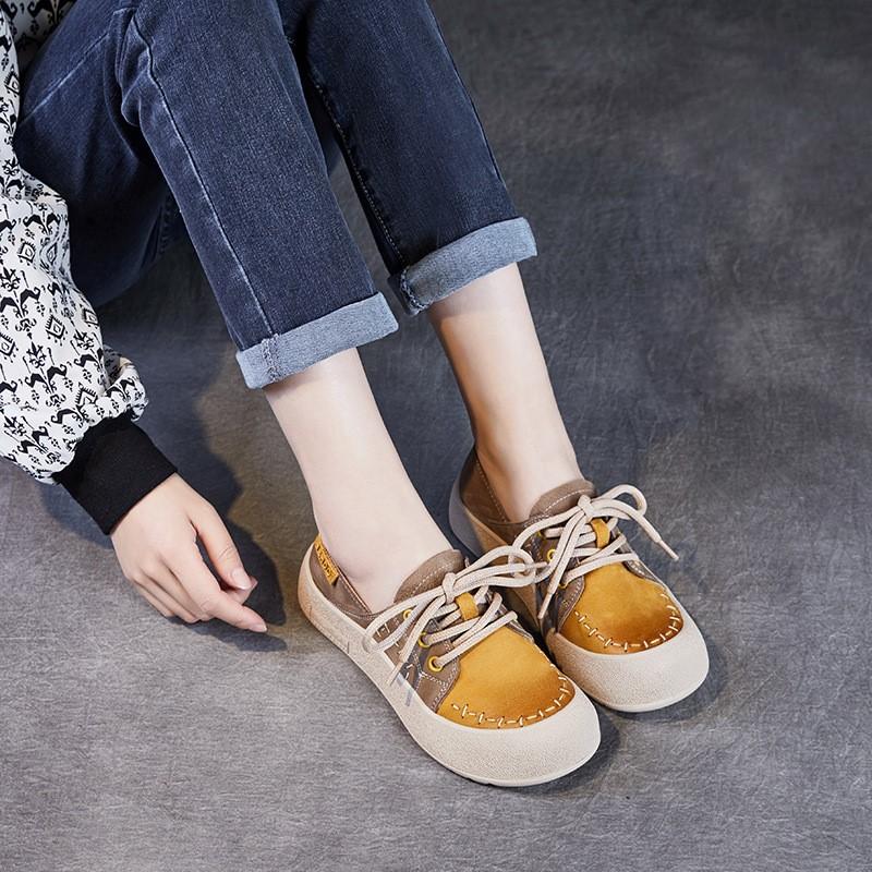 Johnature Dámské boty z pravé kůže, mix barev, kulatá špička, šněrovací, s měkkou podrážkou, ploché boty