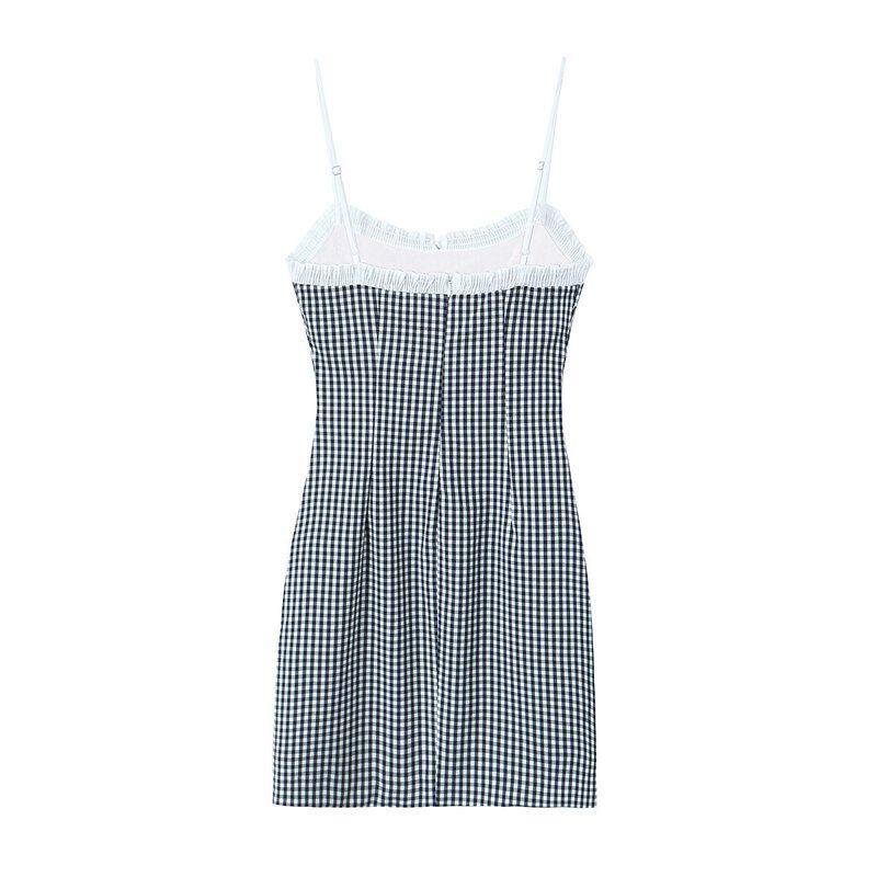 Fashion Style 2024 Summer New Arrival Women's Clothing Plaid Stitching Blue Sling Dress Short Skirt 3152329401