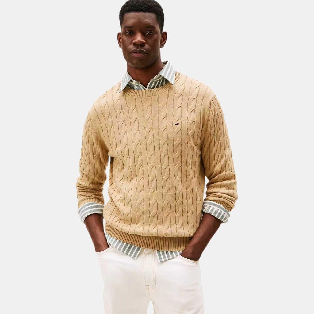 Tommy Hilfiger Cable Knit Fashion Logo Decoration Round Neck Slim Fit Comfortable Versatile Casual Long Sleeve Sweater Men Sweater XM05667-250