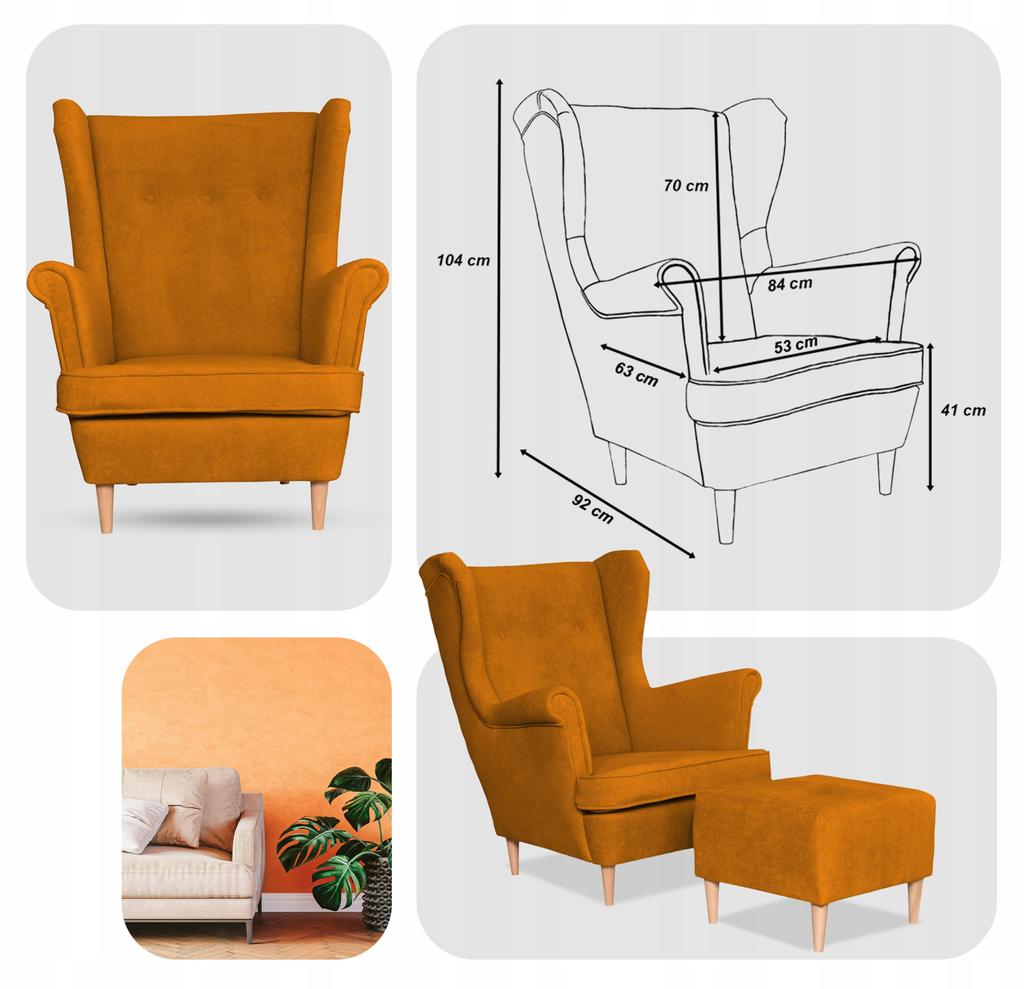 Fotel uszak z podnóżkiem skandynawski welur Hunter Family Meble musztardowy