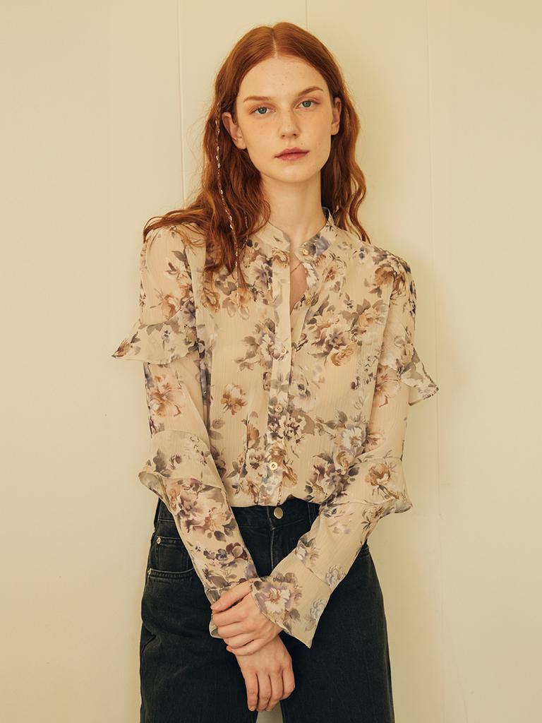 OUEL Ruffle Sleeve Chiffon Blouse_Beige