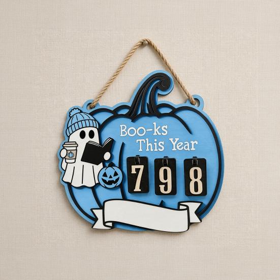 Double-layer Wood Chip Tech Halloween Ghost Pumpkin Reading Tracker Wooden Hanging Sign, Sliding Number Counter for Book Read This Year, Decoration
