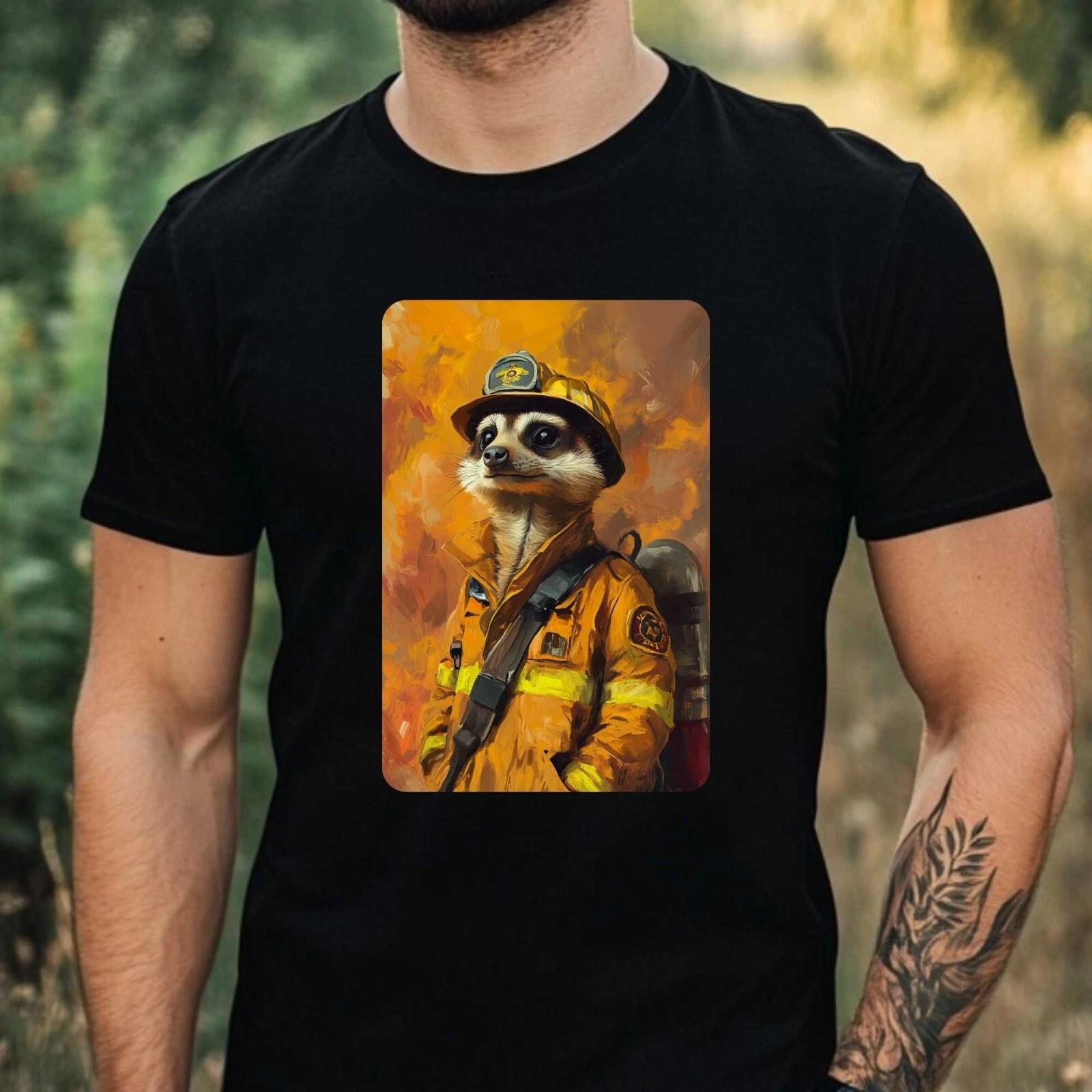 T-Shirt Herren Erdmännchen als Feuerwehrmann Motiv Baumwolle Größe XS bis 5XL XXXL