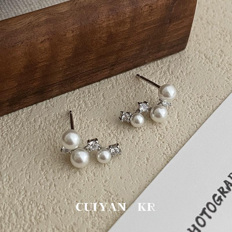 Cui Yan Jiejie S925 Sterling Silver Korean Style Faux Pearl Zirconia Stud Earrings for Women - Niche Commuting Big Dipper Accessories