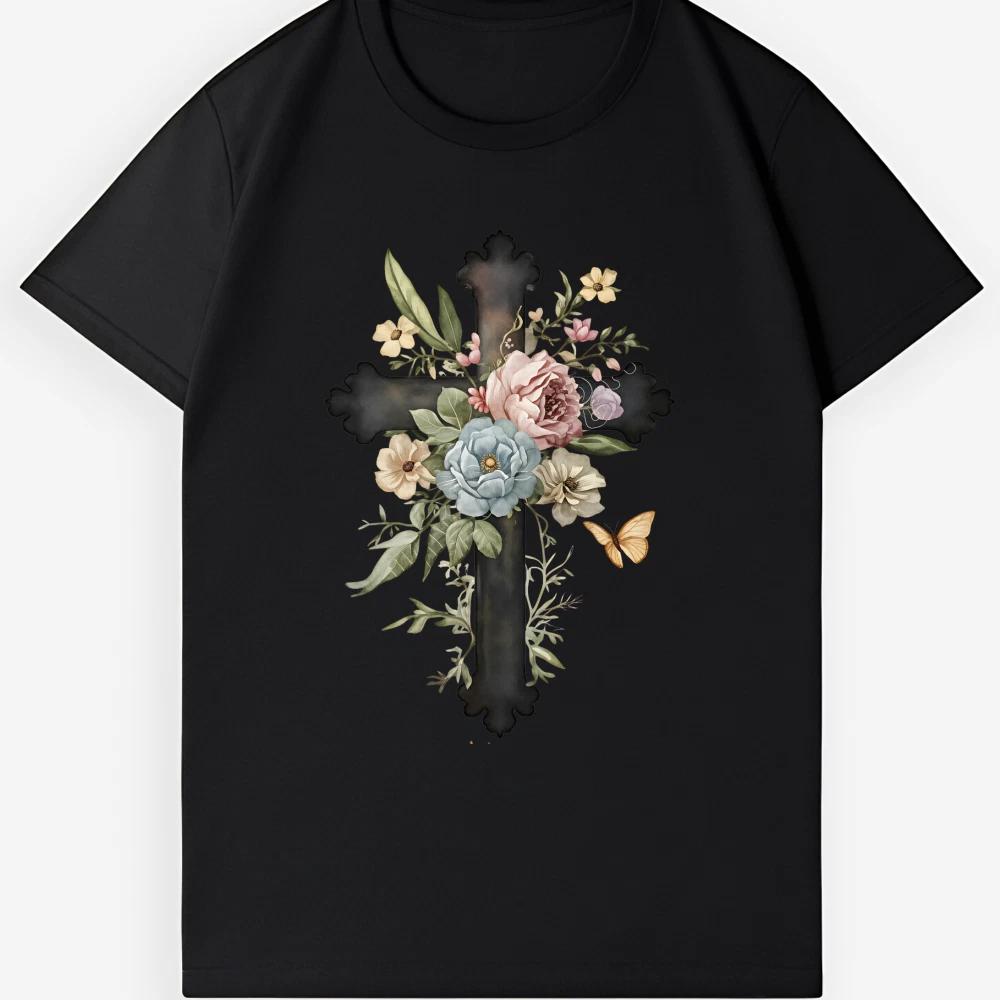 Gothic Floral Cross T-Shirt | Butterfly  Rose Design | Unisex Cotton Tee M