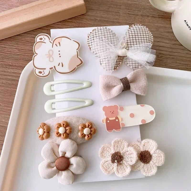 9-10pcs/set Lovely Hair Clip Hair Band Set for Toddler Girl Retro Milk Coffee Color Hairpin Hair Rope Set Kawaii Kids Headwear