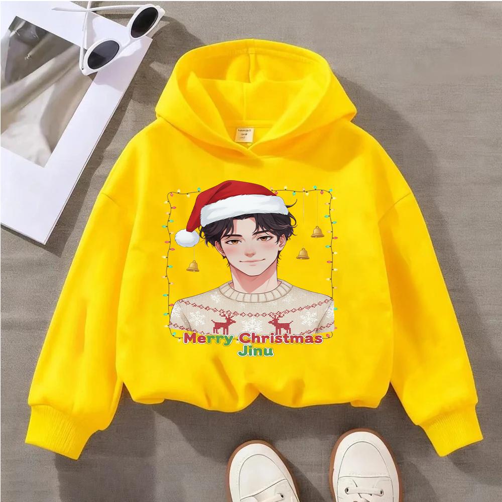 

Очаровательный детский рождественский свитшот с узорами оленей и снежинок, шапкой Санты и дизайном «Merry Christmas Jinu» 100