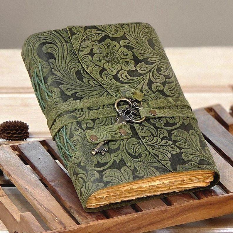 Embossed Green Leather Journal: Floral Spell Book, Deckle Edge Paper
