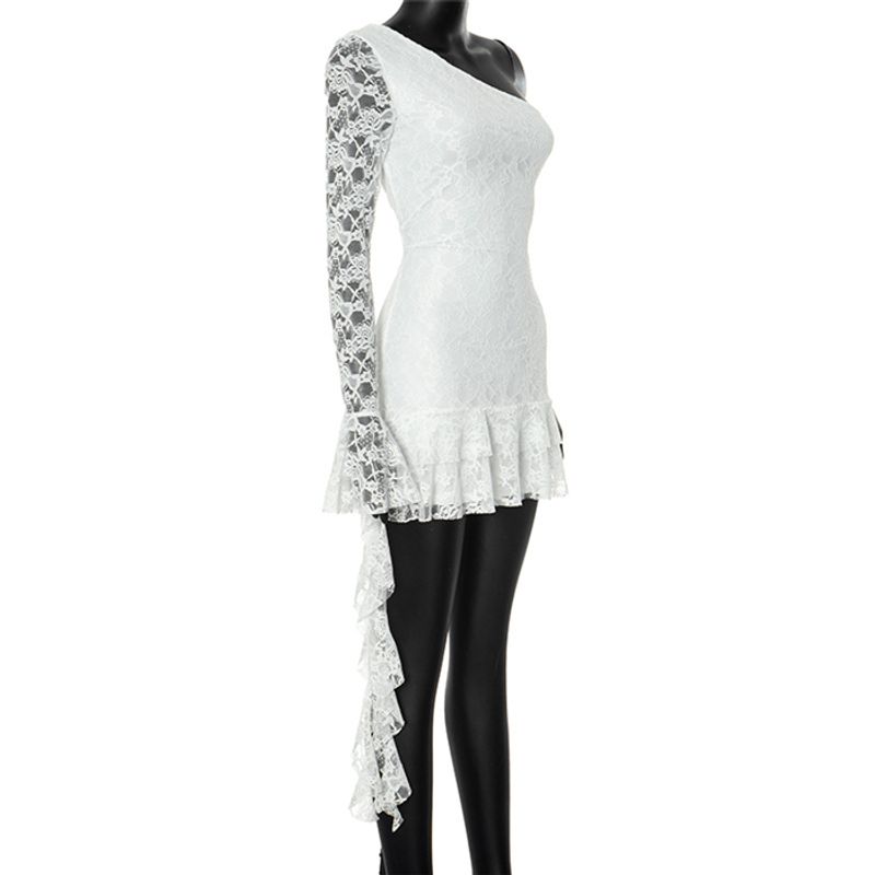 

Dress European and American Sexy Silm Lace One Shoulder Long Sleeves Dress Lotus Leaf Skirt Sexy Lace Dress White M