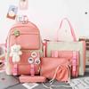 5Pcs School Bags Set Large Capacity Shoulder Bag Stationery Bag Coin Purse Canvas Student Bags Set for Boys Girls Pink