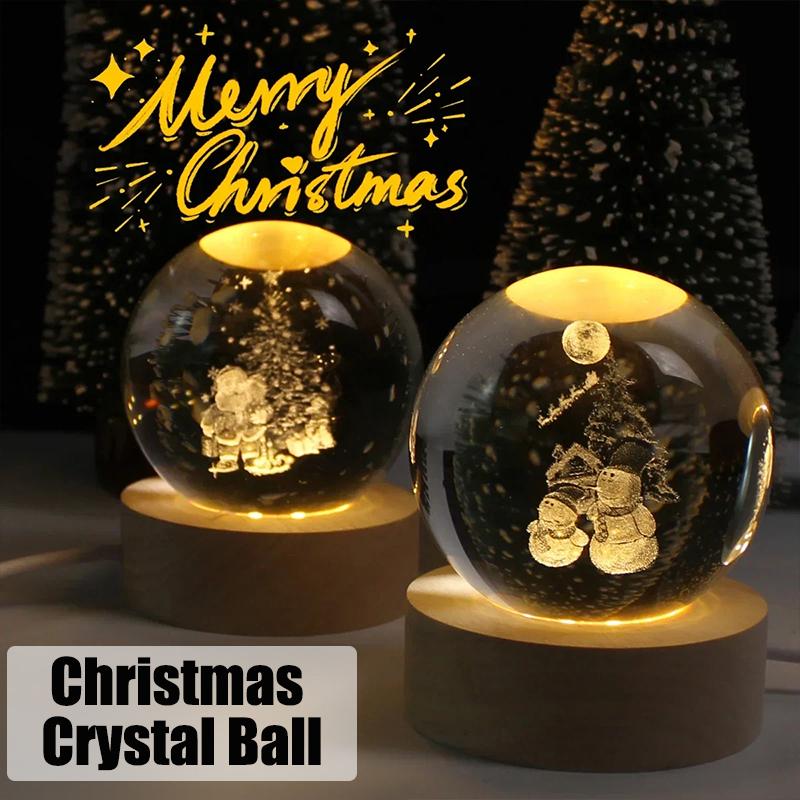USB 3D Crystal Ball Night Light Engraved Santa Claus Snowman Globe LED Glass Sphere Wooden Base Birthday Gift Home Decorations