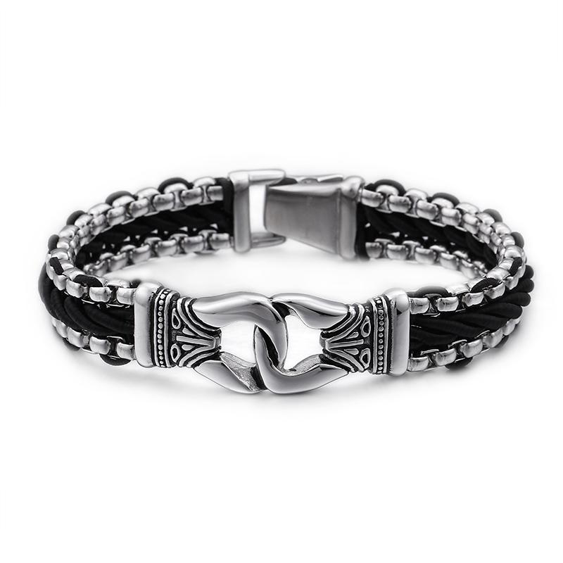 

Браслет из нержавеющей стали с кожаным плетением, мужской, модный, массивный, загадочные аксессуары, украшения ручной работы, персонализированные подарки 22cm