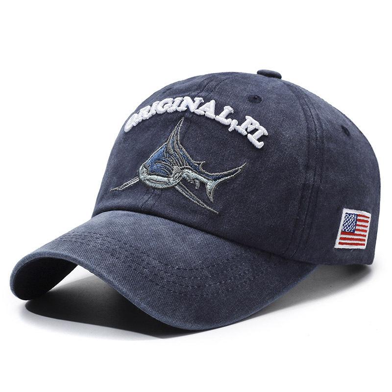 Berretto da Baseball Unisex Lavato Lettera Ricamata 3D Cappello Squalo Bandiera Americana Berretto Visiera Anatra Regolabile Retrò Streetwear