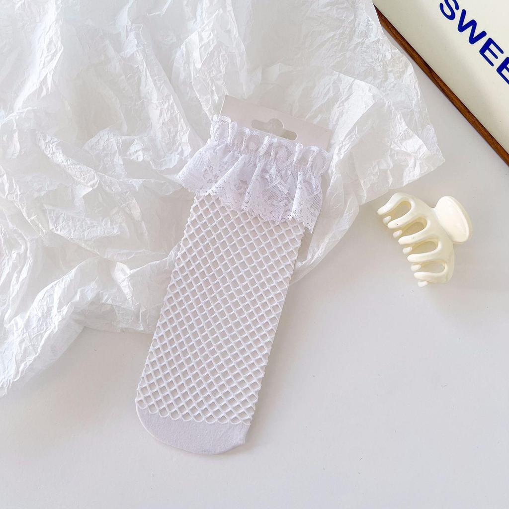 Japanese Lolita Bowknot Fishnet Lace Ankle Socks, White or Black