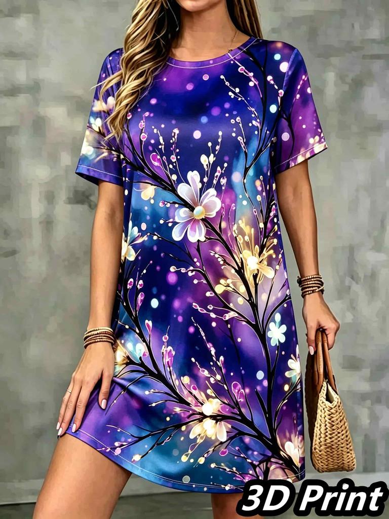 Fashion 3D Print Summer Dress Loose Casual Short Sleeve O-Neck Mini Dress