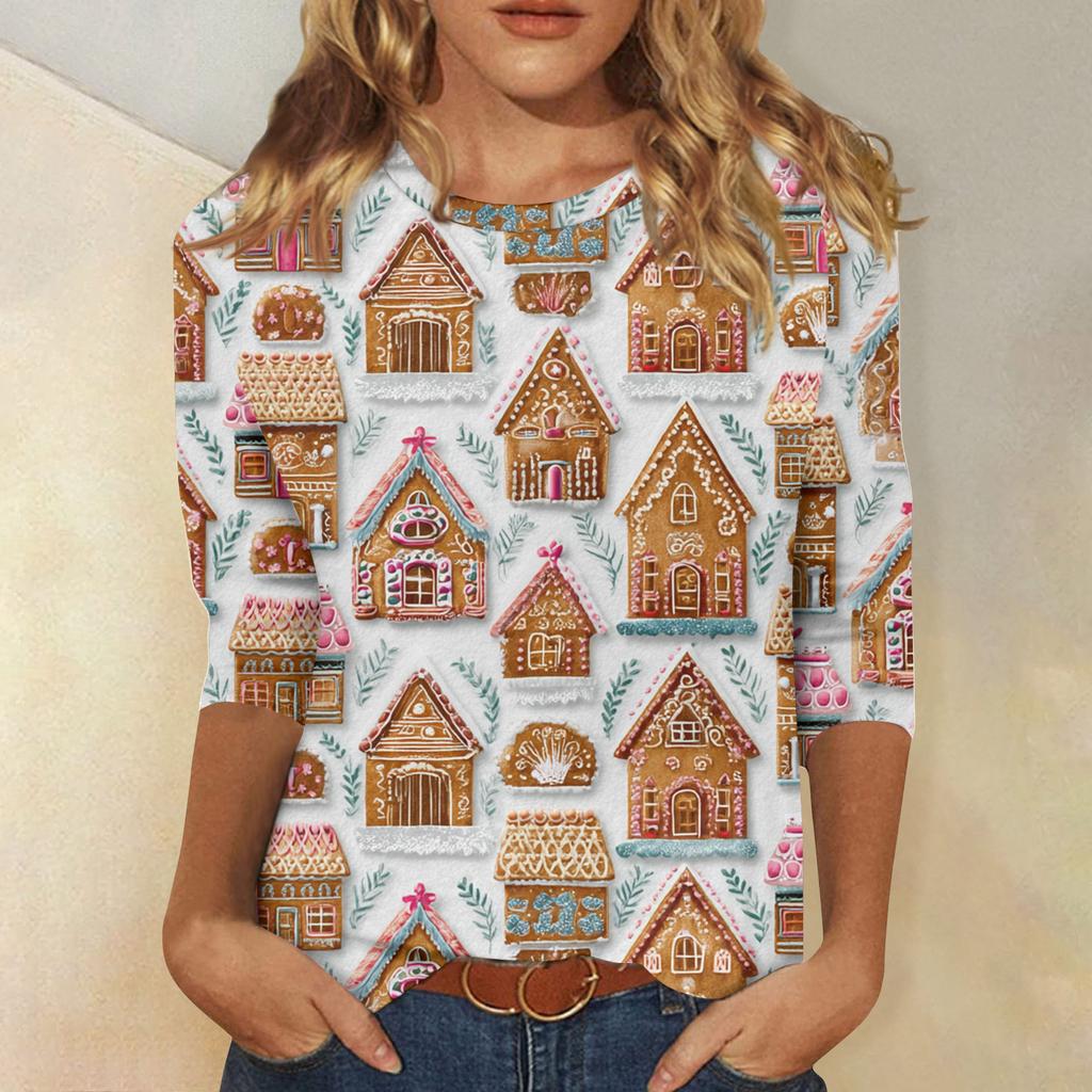 Damen Casual Mode Weihnachts-Print Dreiviertelarm Oberteil