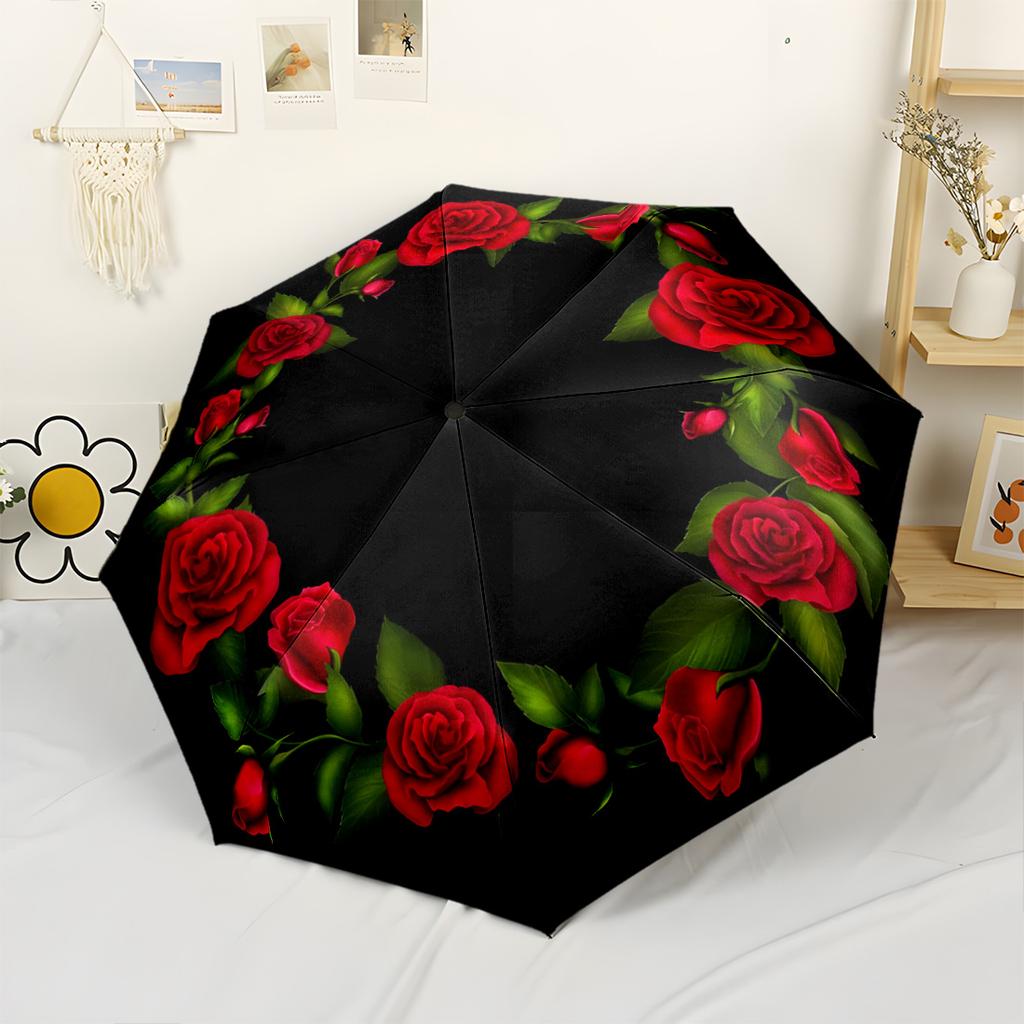 Red Rose Wreath Design Compact Travel Automatic Umbrella Folding Umbrella with 8 Ribs Lightweight All-Season Use Elegant Women's Umbrella