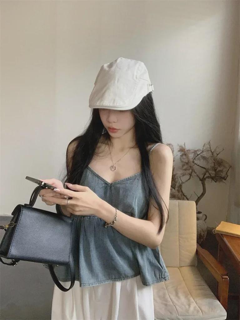 Džínová vesta s plisé v korejském stylu: Dámský top bez rukávů s volánky a vrstvením a tílko s výstřihem do V