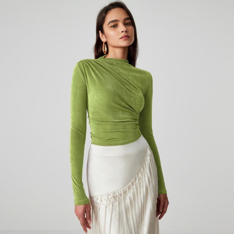 Autumn and Winter Slim Pullover Half High Neck Velvet Pleated Long Sleeve Top