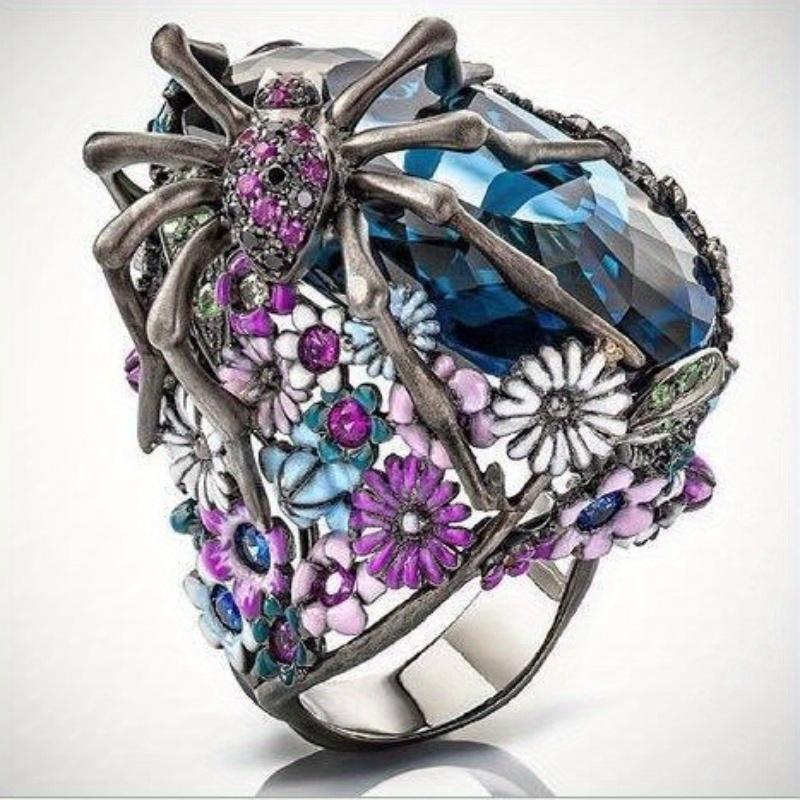 Exaggerated spider flower ring, blue stone flower shape, suitable for independence day, party, personalized eye-catching