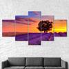Lonely Tree Lavender Flowers Field Sunset Canvas 5 Piece Five Panel Wall Print Modern Art Poster Picture Home Decor Gift For Him For Her