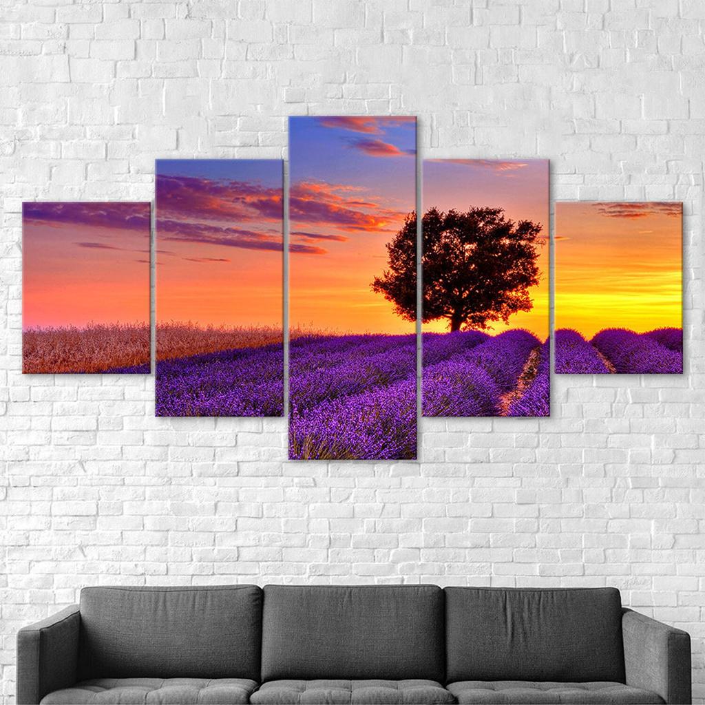 Lonely Tree Lavender Flowers Field Sunset Canvas 5 Piece Five Panel Wall Print Modern Art Poster Picture Home Decor Gift For Him For Her