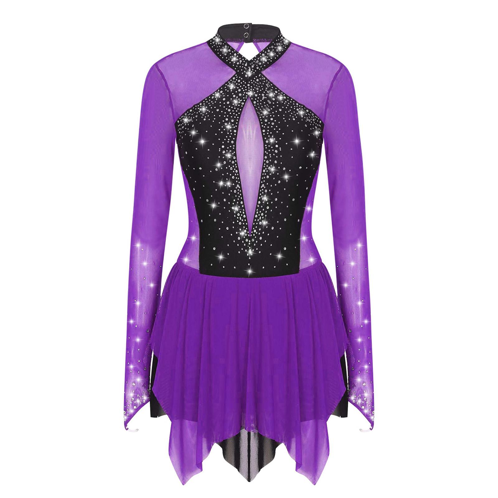 

Womens Sparkling Rhinestone Dance Dress Contrast Color Patchwork Design Irregular Hem Long Sleeve Dancewear S фіолетовий