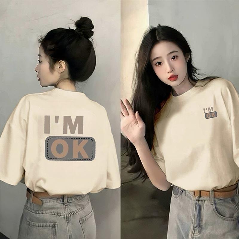 

American front shoulder black short-sleeved t-shirt women s summer 2025 new popular loose letter cotton t-shirt half-sleeved top XXXL