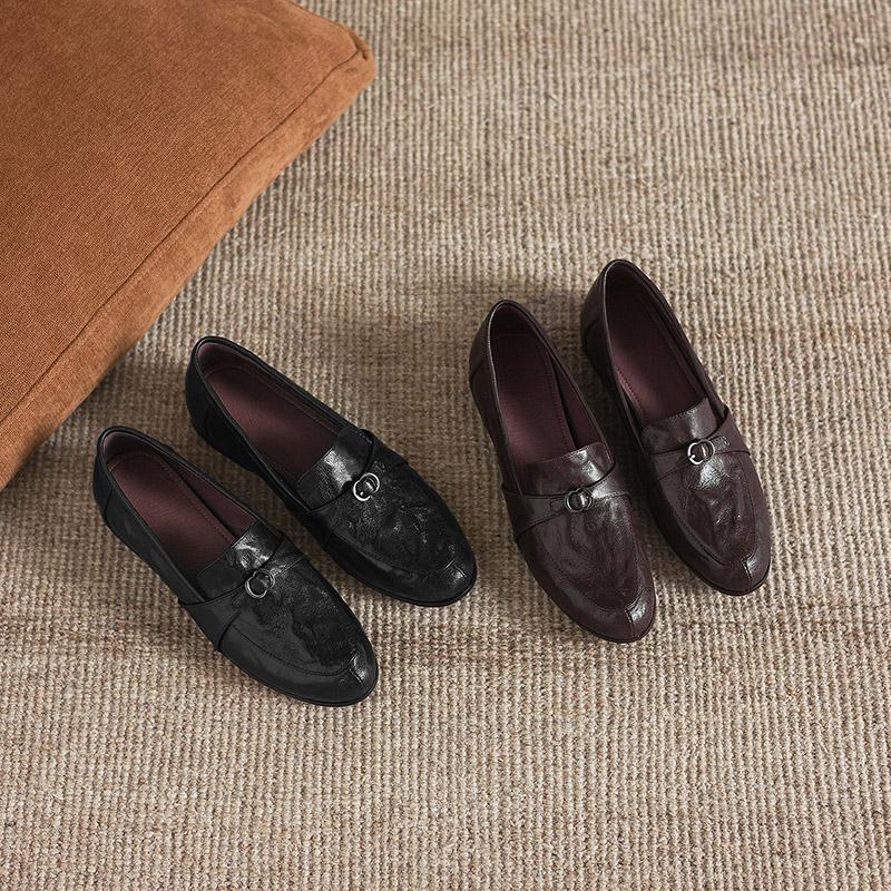 Krazing Pot Sheepskin Round Toe Thick Med Heels Spring Shoes Slip On Big Size 42 Loafers Women Pleated Beauty Pumps