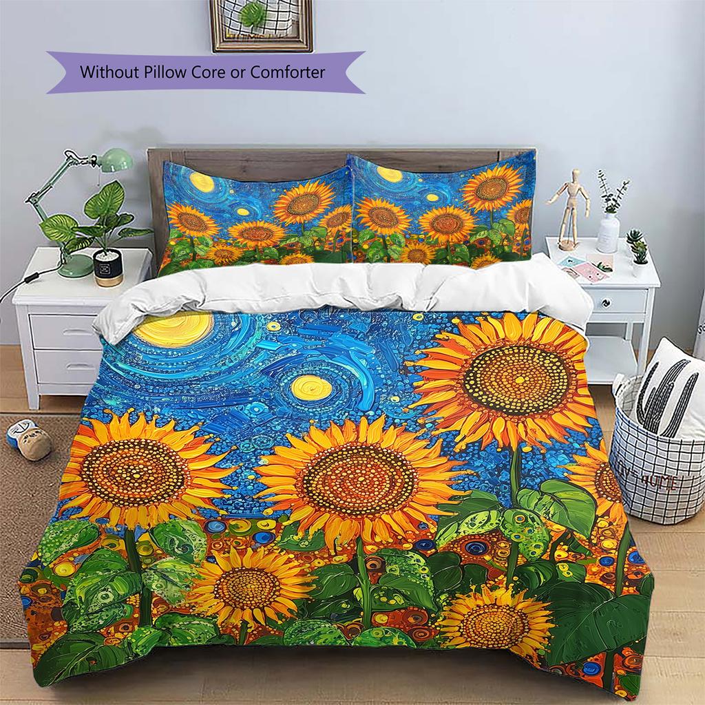 Polka Dot Sunflower Pattern Bedding Quilt Set Home Decoration Gift (1 * duvet cover + 2 * pillowcase without core)
