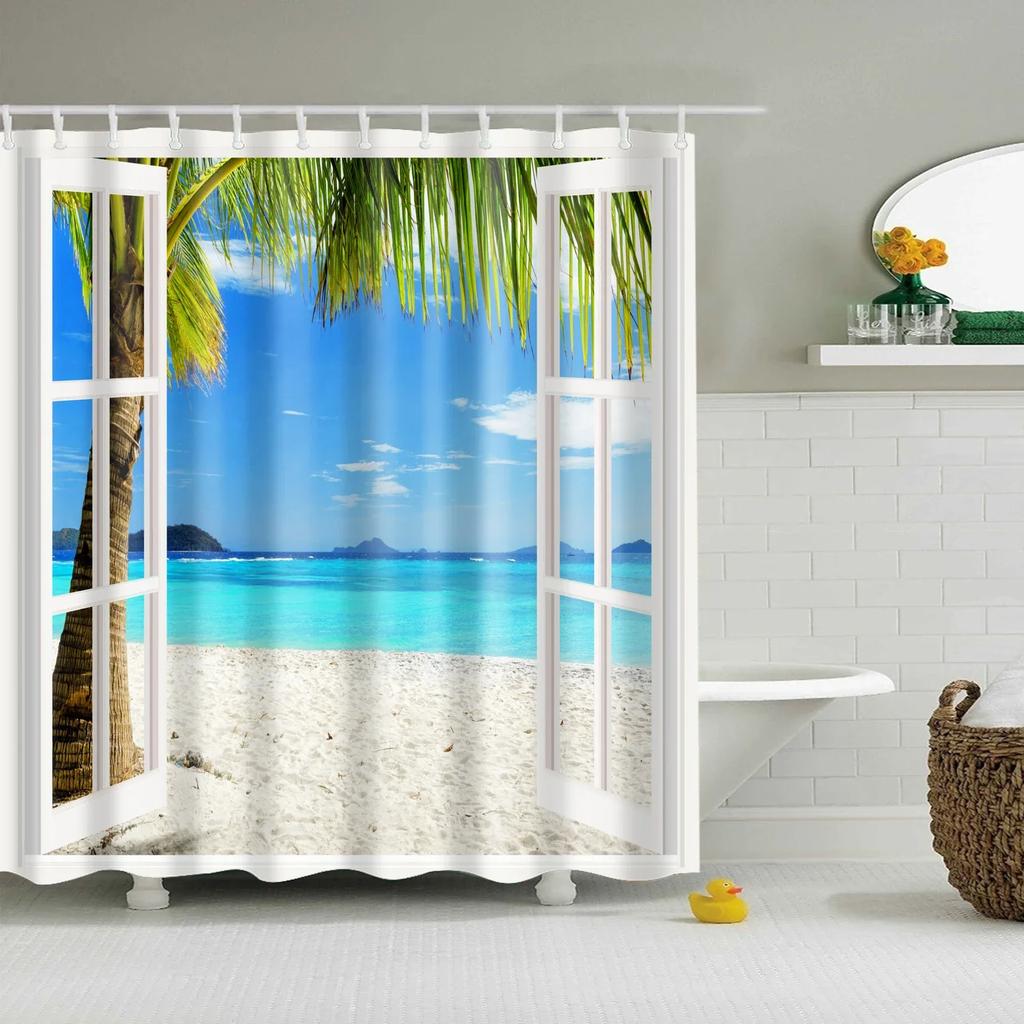Blue Sky Beach Shower Curtain Modern Scenery Print Bathroom 3D Blackout Curtain Large 180x200cm for Bathroom