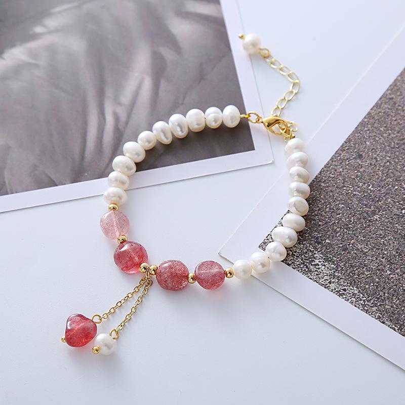 Strawberry Crystal Freshwater Pearl Bracelet Bangles Women Fashion Jewelry Accessories Gift